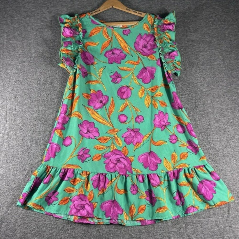 Vintage Women's Bright Green Magenta Floral Mini Dress Ruffle Cap Sleeve S USA